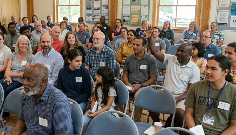 Community meeting with diverse people